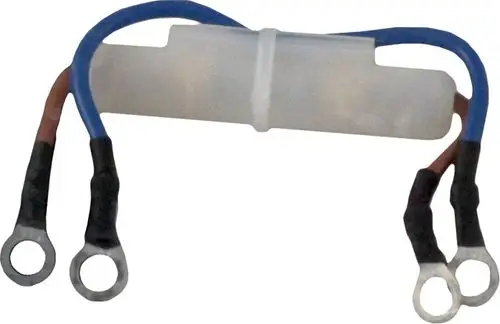Kabel mit Sicherung für elektrische Anwendungen, hergestellt von Wolf. Enthält zwei farbcodierte Drähte mit Ringösen für die Verbindung.